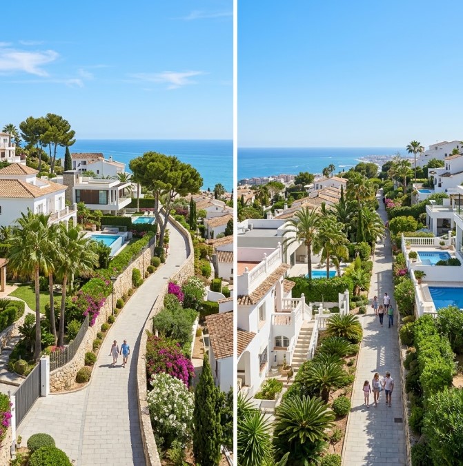 Vistas de las villas de lujo, jardines y calles residenciales de La Capellanía en Benalmádena, Málaga